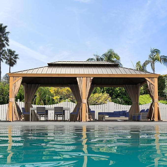 Domi 14'x24' Hardtop Gazebo Canopy,Outdoor Aluminum Gazebo with Galvanized Steel Double Roof, Extra Large Permanent Gazebo Pavilion for Patio Deck Backyard,Curtain and Netting,Wood Grain