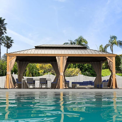 Domi 14'x24' Hardtop Gazebo Canopy,Outdoor Aluminum Gazebo with Galvanized Steel Double Roof, Extra Large Permanent Gazebo Pavilion for Patio Deck Backyard,Curtain and Netting,Wood Grain
