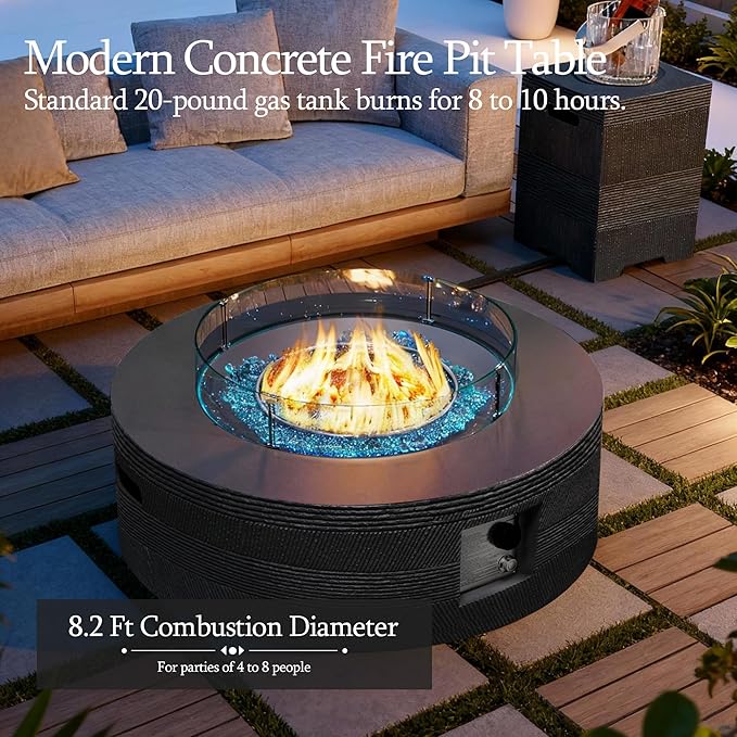 UPHA 42-inch Outdoor Propane Gas Fire Pit Table 50000 BTU Concrete Rectangle FirePit for Outside Patio with Propane Tank Cover, Wind Guad, Navyblue Fire Glass, Rain Cover, Grey Texture
