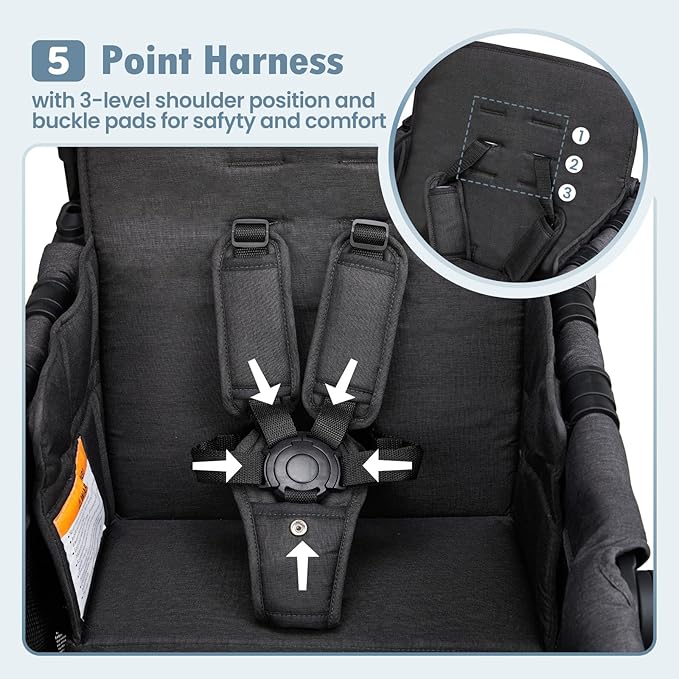 Wagon Stroller for 2 Kids, High Seat & 5 Point Harness, Foldable All-Terrain Wagon for Toddler with Canopy, Parent Organizer, Shoulder Bag, Adjustable Handlebar, Ultimate Double (Black)