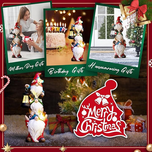 Mom Christmas Gnome Statue with Solar Lights Garden Sculptures Funny Triple Gnome Outdoor Patio Lawn Yard Balcony Home Decor Birthday Gifts for Woman Grandma 12 in Thanksgiving Gnome