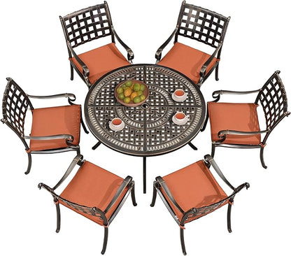 PURPLE LEAF Patio Dining Set Cast Aluminum 7-Piece Patio Furniture Set with 6 Dining Armchairs and 47" Round Table, 6 Cushions Included, for Lawn Yard Garden, Lattice Brick Red Outdoor Dining Set