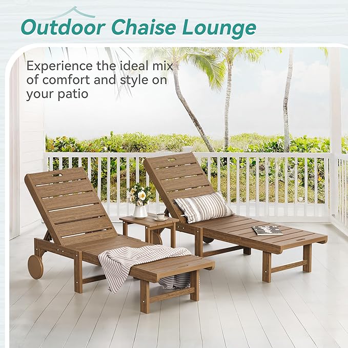 Outdoor Chaise Lounge Chairs with Table, 2-Piece, 26.8” Super Wide Lounge Chair Outdoor, HDPS Pool Chairs with 5 Positions, Patio Lounge Chair with Wheels for Pool,Lawn,Backyard, Brown