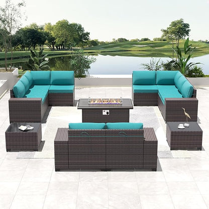 Outdoor Patio Furniture Set with Propane Fire Pit Table, 13 Pieces Outdoor Furniture Patio Sectional Sofa Conversation Sets w/ETL Approved 43" Gas Outdoor Fire Table & Coffee Table Blue.