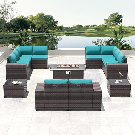 Outdoor Patio Furniture Set with Propane Fire Pit Table, 13 Pieces Outdoor Furniture Patio Sectional Sofa Conversation Sets w/ETL Approved 43" Gas Outdoor Fire Table & Coffee Table Blue.