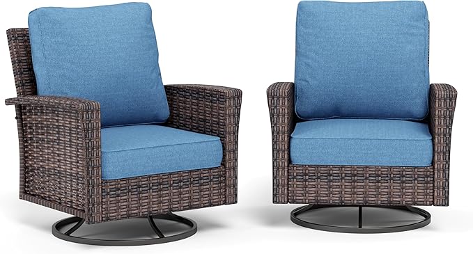 Patio Wicker Swivel Chairs Set of 2, Outdoor High Back Chairs with 5.5" Waterproof Cushions, Outdoor Furniture Set for Deck Porch and Yard, Peacock Blue