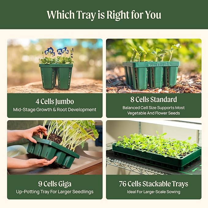 Vego garden Jumbo Seedling Trays Without Lids, 32 Pack Reusable Propagator Growing Starter Tray for Larger Plants, Heavy-Duty Plastic Germination Trays (4-Cell per Tray)