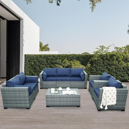 5 Piece Wicker Patio Furniture Sets Outdoor Conversation Set, PE Rattan Sectional Sofa Couch with Storage Table and Non-Slip Navy Blue Cushions, Furniture Covers Included