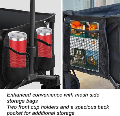 Eurmax USA Collapsible Outdoor Folding Wagon Cart All-Terrain Utility Wagon Heavy Duty Camping Patio Shopping Garden Sporting Wagon Cart with Side Bag & Cup Holder