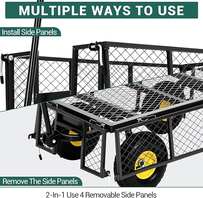 Heavy Duty Garden Cart On Wheels - 880LBS Metal Wagon with 10" Pneumatic Wheels, 180° Rotating Handle & Removable Sides - All-Terrain Yard Wagon for Farm, Beach & Outdoor Use
