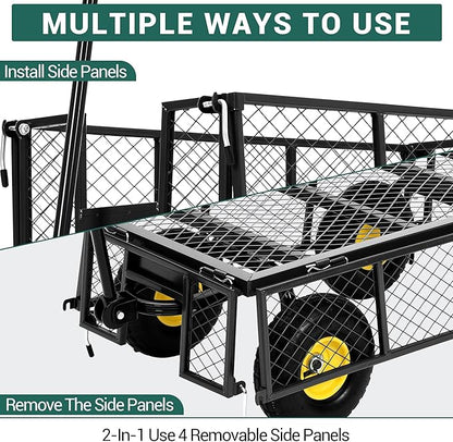 Heavy Duty Garden Cart On Wheels - 880LBS Metal Wagon with 10" Pneumatic Wheels, 180° Rotating Handle & Removable Sides - All-Terrain Yard Wagon for Farm, Beach & Outdoor Use