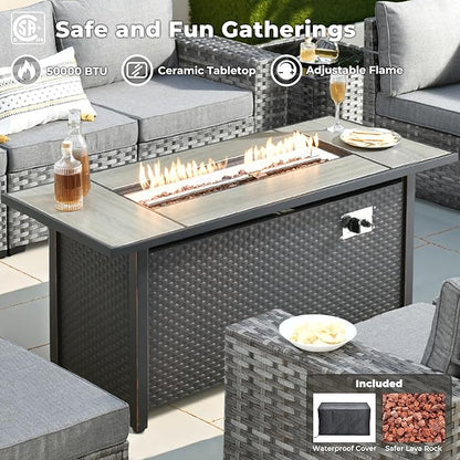 ovios 10 Pieces Patio Furniture Set, Outdoor Wicker Sectional Sofa with 54" Fire Pit Table Swivel Chairs, Modern Modular Deep Seat Rattan Couch Conversation Sets, Dark Grey