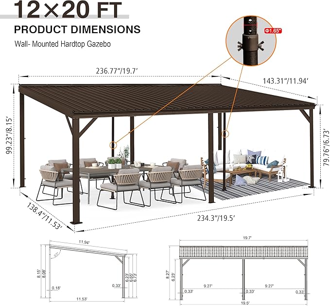 Domi 12'x20' Hardtop Lean to Gazebo with Gutters, Connectable Wall Mounted Gazebo Pergola with Galvanized Steel Roof, 60MPH Wind Resistance, Outdoor Large Metal Canopy, for Patio, Deck, Lawn - Brown