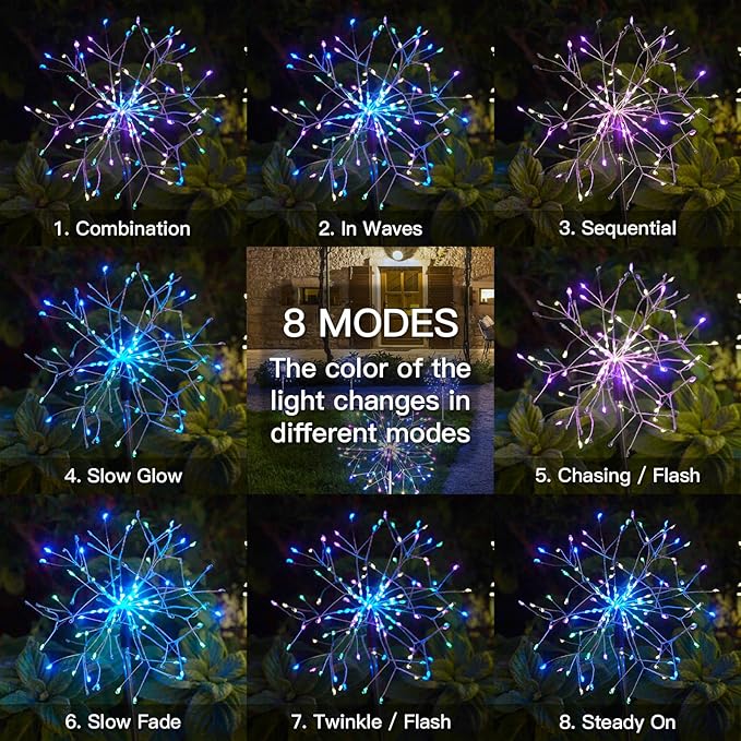 suddus Solar Garden Lights Outdoor Waterproof Decorative, 2Pack 150LED Firework Lights 8 Modes, Multicolor Solar Fairy Light for Yard, Patio, Pathway, Flowerbed Party Wedding Decor