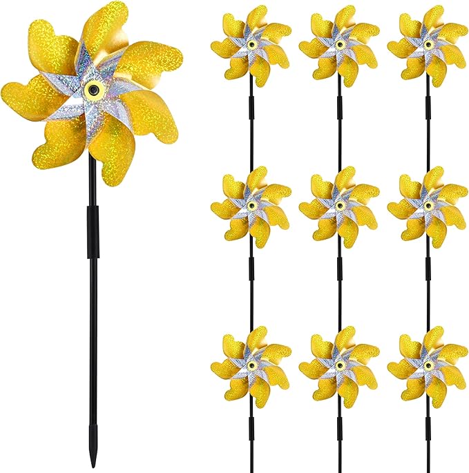 10 Pack Reflective Pinwheels with Stakes, 19.7 inch Gold & Silver Pre-Assembled Sparkle Pin Wheel for Scare Birds and Unwelcome Animals Away Form Yard, Garden, Lawn
