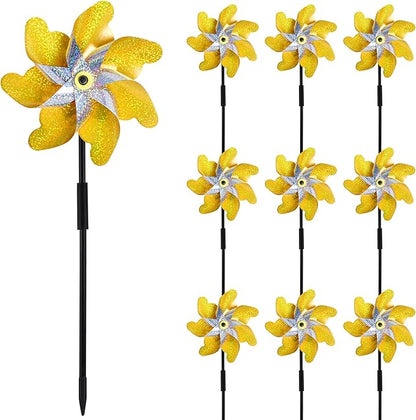 10 Pack Reflective Pinwheels with Stakes, 19.7 inch Gold & Silver Pre-Assembled Sparkle Pin Wheel for Scare Birds and Unwelcome Animals Away Form Yard, Garden, Lawn