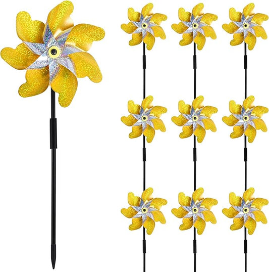 10 Pack Reflective Pinwheels with Stakes, 19.7 inch Gold & Silver Pre-Assembled Sparkle Pin Wheel for Scare Birds and Unwelcome Animals Away Form Yard, Garden, Lawn