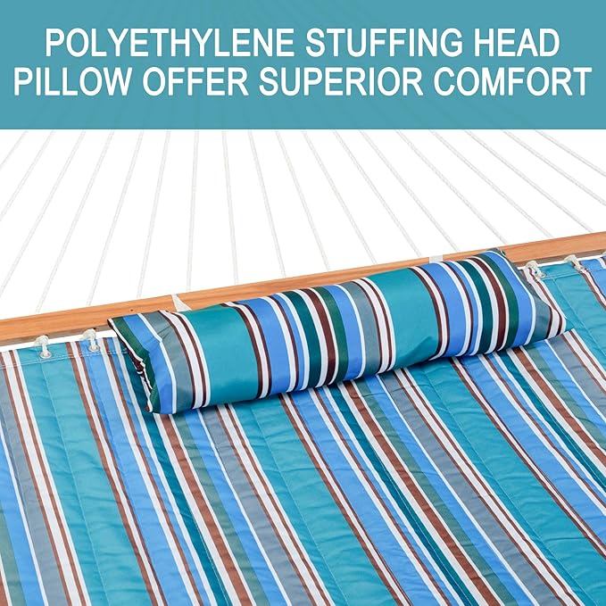 Lazy Daze Hammocks 12 FT Quilted Fabric Double Hammock with Spreader Bars and Detachable Pillow, 450lbs Weight Capacity