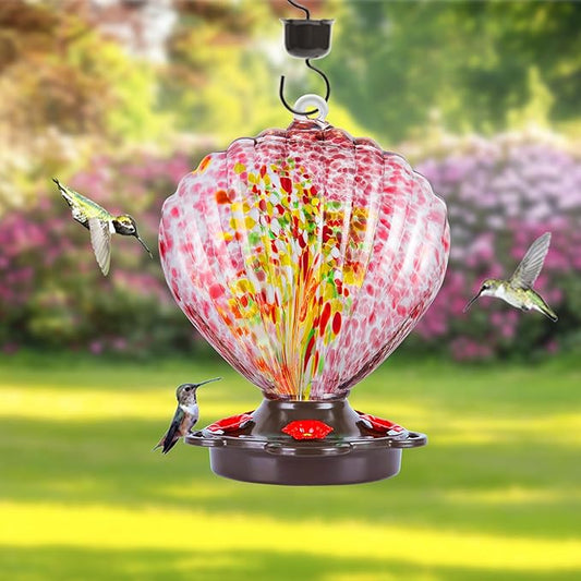 LUJII Seashell Shaped Hand Blown Glass Hummingbird Feeder for Outdoors Hanging, Rust Proof & Leak Proof, 25 fl.oz, Unique Gardening Gift for Friends, Garden & Backyard Decor, Purple