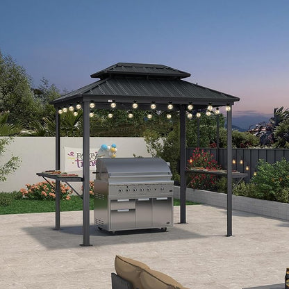 PURPLE LEAF 6' X 8' Hardtop Grill Gazebo for Patio Aluminum Barbeque Gazebo Canopy with 24 Clear Light Bulbs and Shelves Double Tiered Grey Outdoor BBQ