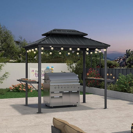 PURPLE LEAF 6' X 8' Hardtop Grill Gazebo for Patio Aluminum Barbeque Gazebo Canopy with 24 Clear Light Bulbs and Shelves Double Tiered Grey Outdoor BBQ
