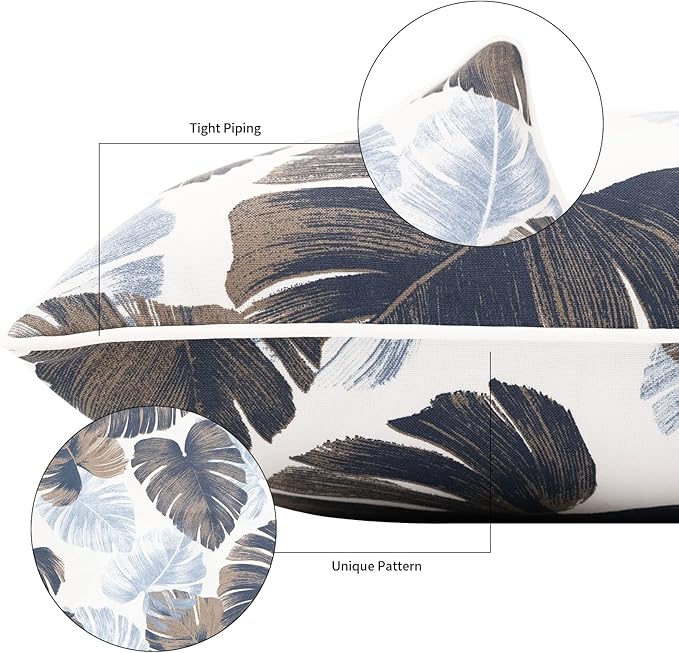 2 Pack Outdoor Throw Pillows 26x26 Inch Water-Resistant Decorative Pillow Cushions with Insert for Patio Garden Porch, Blue Leaves