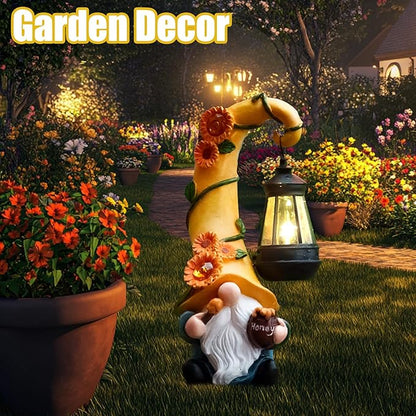 Birthday Gifts for Mom Grandma Woman 12" Solar Sunflower Gnome Garden Statues Honey Bee Jar Decor with LED Lantern Outdoor Gnomes Decorations Patio Yard Balcony Art