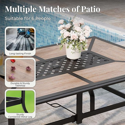 Outdoor Patio Dining Set 7 Piece Furniture Set with 6 Red Chairs and Wood-Like Table Top Rectangular Table for Deck Garden Backyard Lawn Poolside