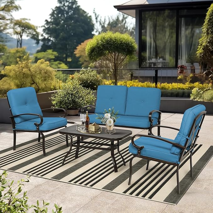 5Pcs Outdoor Furniture Patio Conversation Sets Loveseat, 2 Motion Spring Chairs with Coffee Table, Metal Frame Chair Set (Peacock Blue)