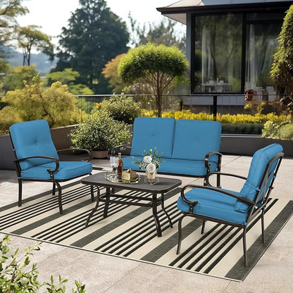 5Pcs Outdoor Furniture Patio Conversation Sets Loveseat, 2 Motion Spring Chairs with Coffee Table, Metal Frame Chair Set (Peacock Blue)