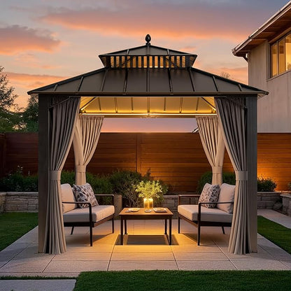 SUNJOY Kingston 10' x 10' Hardtop Gazebo with Galvanized Steel Double Roof, Curtain and Netting, Gray Aluminum Posts Permanent Pavilion Gazebo for Garden, Patio, Deck, Lawn