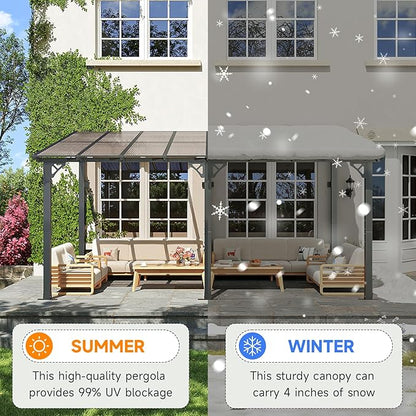 10x16FT Lean to Gazebo, Hardtop Metal Pergola with Polycarbonate Roof, Large Wall Mounted Heavy Duty Awnings, Patio Canopy for Backyard, Deck, Porch