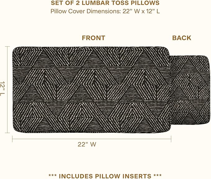 Honeycomb Outdoor Lumbar Toss Pillow Set, 22" W x 12" L, Zaire Black Lumbar Outdoor Pillows