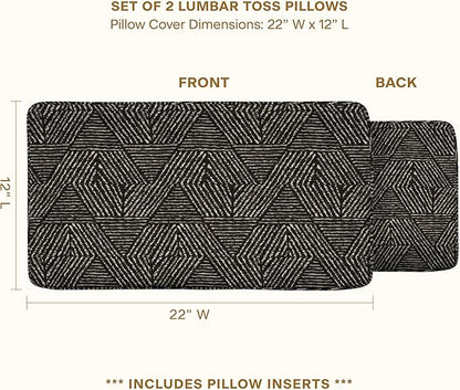 Honeycomb Outdoor Lumbar Toss Pillow Set, 22" W x 12" L, Zaire Black Lumbar Outdoor Pillows