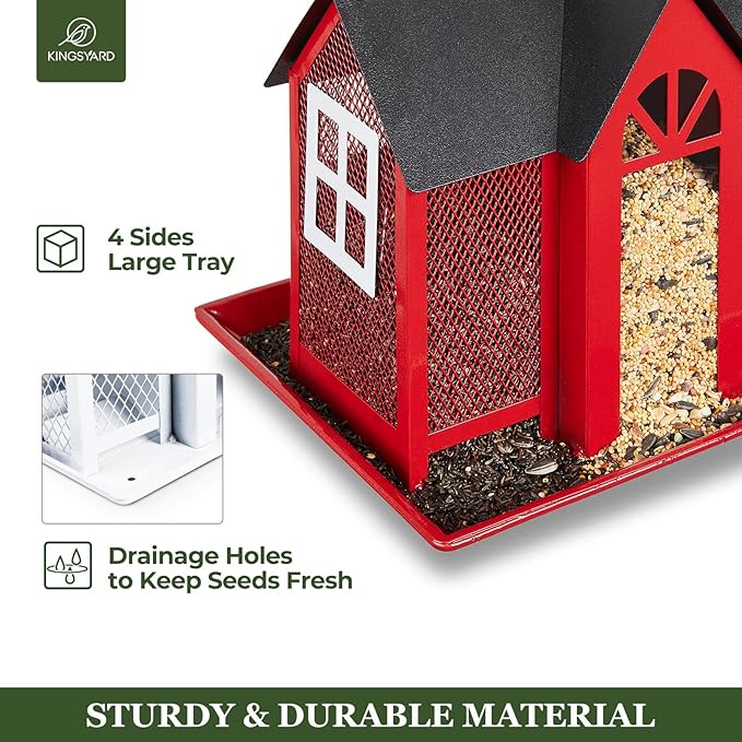 Kingsyard Bird Feeder House for Outside, Metal Mesh Wild Bird Feeder with Triple Feeders for Finch Cardinal Chickadee, Large Capacity, Weatherproof and Durable, Red