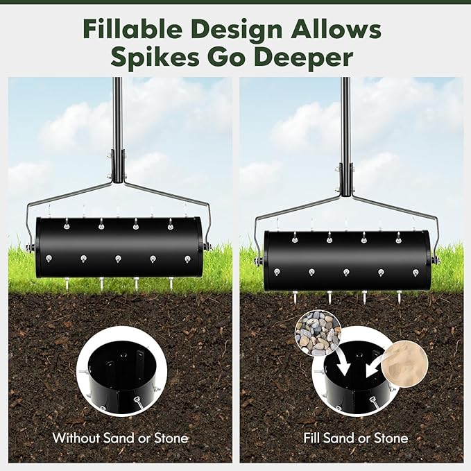 S AFSTAR 18" Manual Lawn Aerator, Heavy Duty Rolling Aerator Lawn Tool Filled Sand Stone with 51" Detachable Handle & Tine Spikes for Soil Loosening, Push Grass Aeration for Garden Yard, Black
