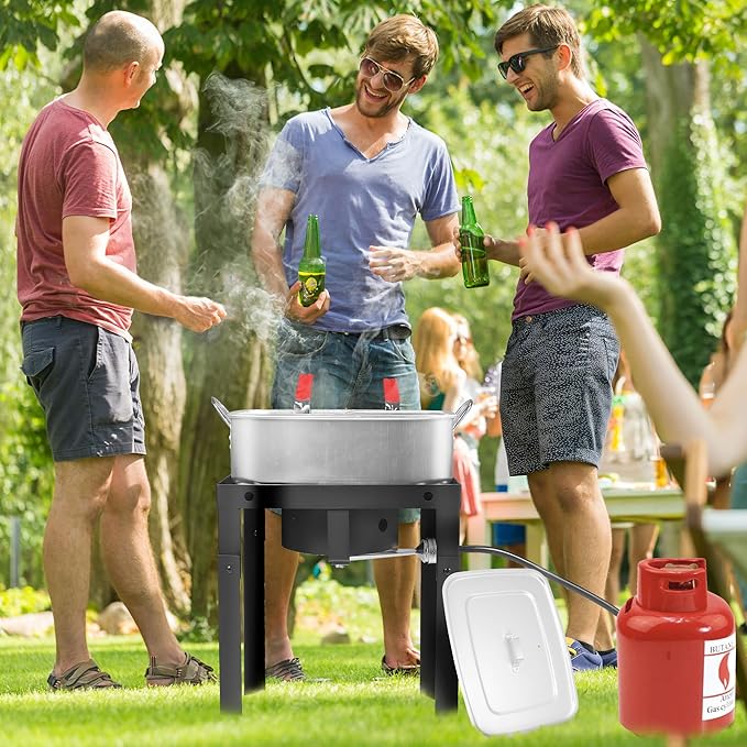 OT1808-LID-Propane Deep Fryer with 18Qt Square Deep Fryer Pot – High Grade Strainer Basket Aluminum Pot for Fish Fry, Seafood Pot – Propane Burners for Outdoor Cooking Include Lid