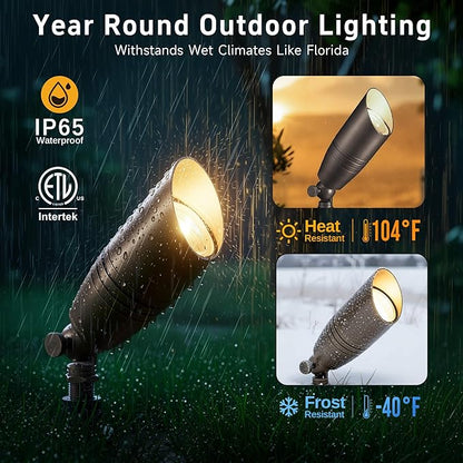 Gardenreet Die-Cast Brass Spot Light Outdoor - 12V LED Uplighting Waterproof, Low Voltage Landscape Lights Direct Wire, Bronze for Fence Fountain with Daytime White MR16 Replaceable Bulbs (12 Pack)