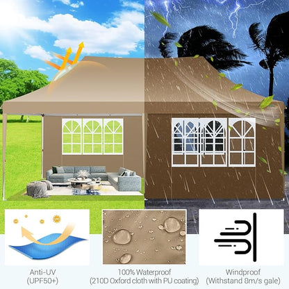 COBIZI 10x20 Pop Up Canopy with 6 Sidewall, Commercial Canopy UPF 50+ Waterproof Outdoor Gazebo with Carry Bag, Tents for Parties with Upgrade Frame, 3 Height Adjustable, Khaki