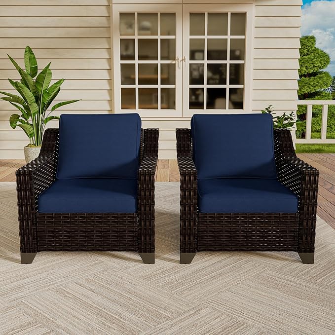 Vista Vibe 2 Pieces Outdoor Armchairs, Patio Conversation Furniture Set, Washable Cushions, Luxurious Hand-Woven PE Rattan, Garden, Bistro, Deck, Backyard (Brown/Navy)