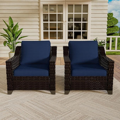 Vista Vibe 2 Pieces Outdoor Armchairs, Patio Conversation Furniture Set, Washable Cushions, Luxurious Hand-Woven PE Rattan, Garden, Bistro, Deck, Backyard (Brown/Navy)