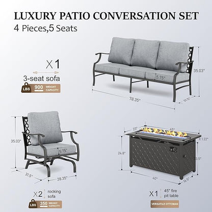 HERA'S HOUSE 4 Pieces Patio Furniture Set with Fire Pit Table, 2 x Rocking Chair, 3-Seat Sofa with 45" Fire Pit Table, Outdoor Conversation Set for Garden Poolside Backyard, Grey