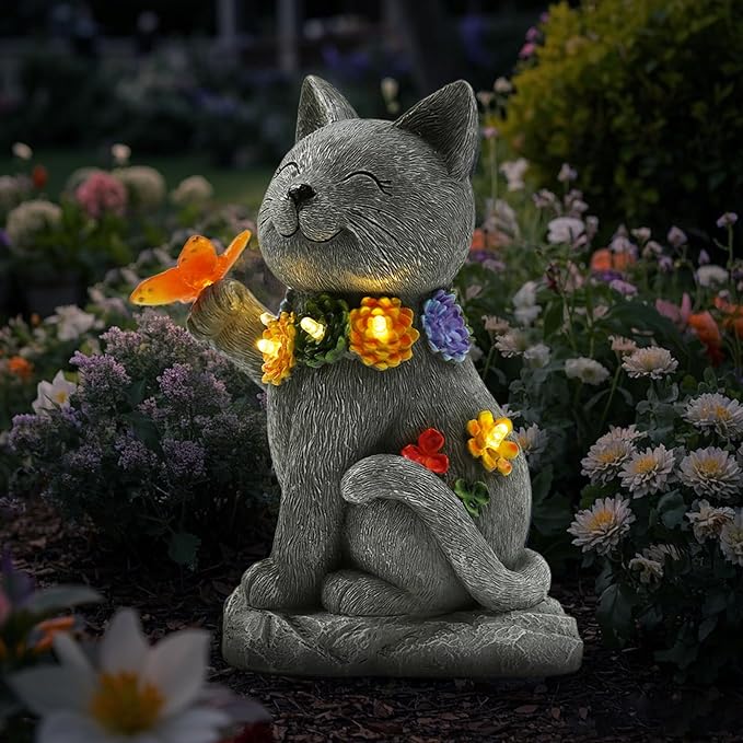 Outdoor Solar Cat Garden Statue - with LED Flowers and Butterfly Yard Art, Suitable for Lawn Decoration, Porch,Yard Decorations Outdoor, Birthday Gift for Mother, Grandmother, or Women
