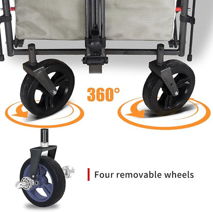 Collapsible Foldable Wagon Cart with Quick-Release Wheels & 2 Seats Camping Wagon- Heavy-Duty Utility Wagon 265LBS Capacity for Camping, Garden, Shopping (Beige)