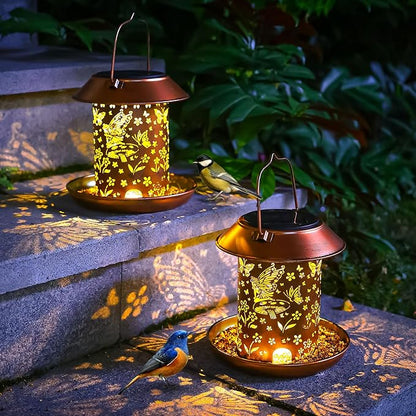 2pack Butterfly Solar Bird Feeders for Outdoors Hanging-Metal Waterproof Outdoor Lantern Bird Feeder, Weather Resistant and Waterproof Hummingbird Feeder Decor Patio, Deck, Garden Gifts for Women