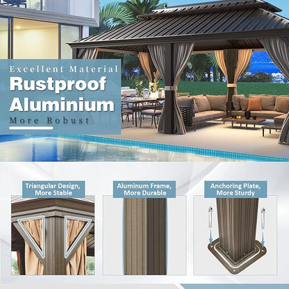 MELLCOM 12'x20' Hardtop Gazebo, Galvanized Steel Metal Double Roof Aluminum Gazebos with Curtains and Netting, Brown Permanent Pavilion with Aluminum Frame for Patio, Lawn & Garden