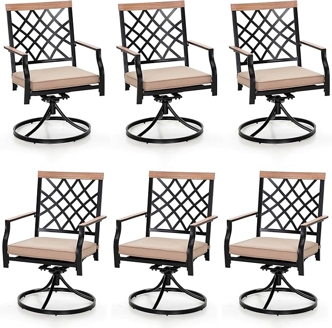 PHI VIALLA Patio Chairs Outdoor Swivel Dining Chairs Outdoor Furniture Chairs Set of 6 with Cushion Suports 300lbs for Lawn Garden Backyard Weather Resistant-Black Frame