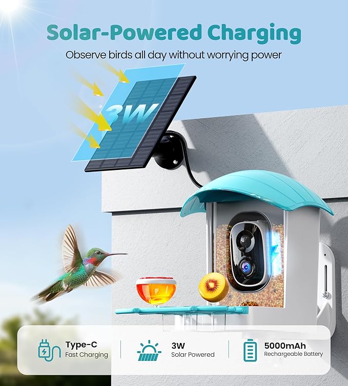 Bird Feeder with Camera Solar Powered: Smart Bird Feeders for Outdoors Garden with AI Identify Auto Capture 2K HD Bird House with Camera Outside WiFi Live View Birdfeeder Cam Gift for Birds Lover