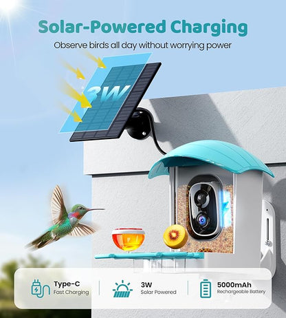 Bird Feeder with Camera Solar Powered: Smart Bird Feeders for Outdoors Garden with AI Identify Auto Capture 2K HD Bird House with Camera Outside WiFi Live View Birdfeeder Cam Gift for Birds Lover