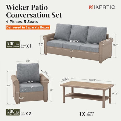 Patio Furniture Set 4 pcs, Wicker Outdoor Patio Furniture, 3-Seat Sofa, 2 Single Chairs and Coffee Table, Rattan Patio Conversation Set for Backyard Deck, Grey